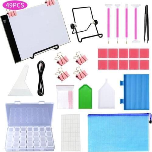 60 Pieces 5D Accessories DIY Art Tools Kit with A4 LED Tracing Light Pad Adjustable Brightness Pen Plastic Tray