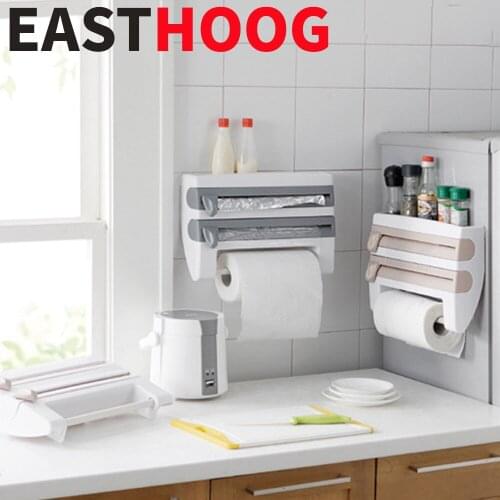 4 In 1 Wall Mounted Paper Towel Holder Sauce Bottle Storage Rack Tin Foil Storage Accessories Kitchen Refrigerator Organizer