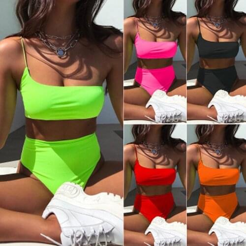 Neon Green One Shoulder Bikini Set High Waist Bikini 2019 Womens Swimwear Sexy Swimwear Two Pieces Push Up Swimming Suit New