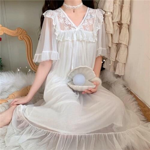 Princess Sleepwear Lolita Night Dress Women Nightie Kawaii White Lace Peignoir Victorian Vintage Nightgowns Nightwear Loungewear