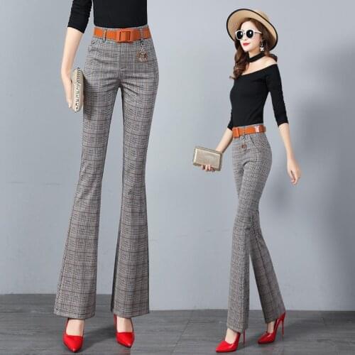 Flare pants female spring and autumn new fashion plaid pants high waist wild thin plaid office ladies micro horn long pants