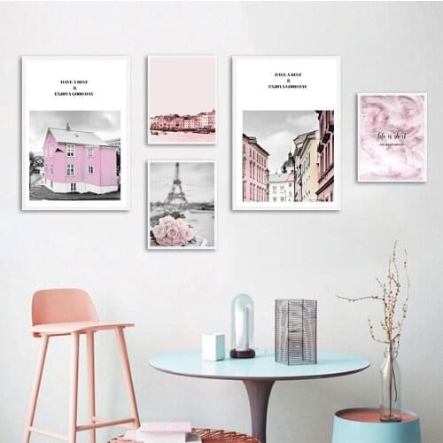 Pink Flower Posters Paris Tower Picture Nordic Canvas Painting for Living Room Girls Bedroom Wall Art Prints Fashion Home Decor