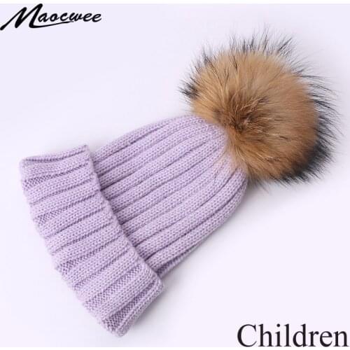 Real Raccoon Fur Pom Pom Beanie Hat For Children Winter Autumn Knitted Kids Warm Thick Solid Color Bonnet Hats Outdoor Ski Caps