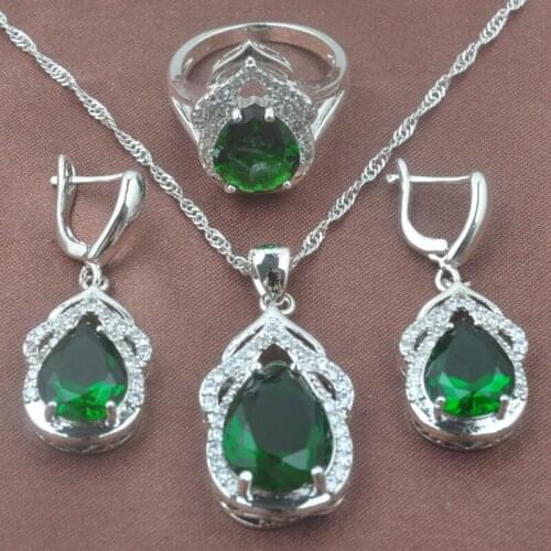 Shining Green Zirconia Crystal Wedding Womens Jewelry Sets Silver Color Ring Necklace And Earrings Set TZ0309