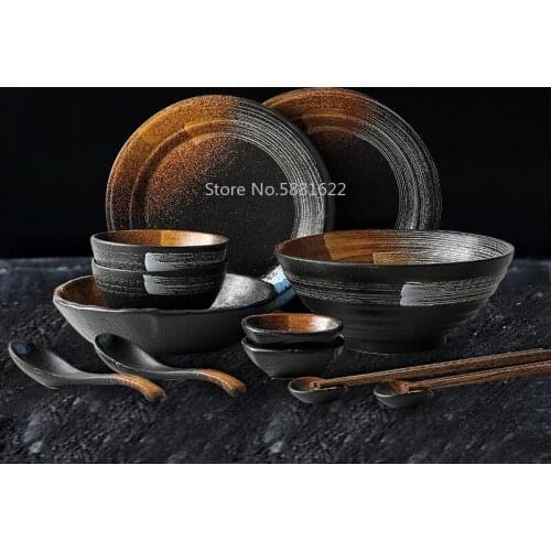 Japanese Dinner Set Ceramic Retro Japanese Tableware Set Frosted Texture Bowl Dish Home Flat Plate Restaurant Hotelware