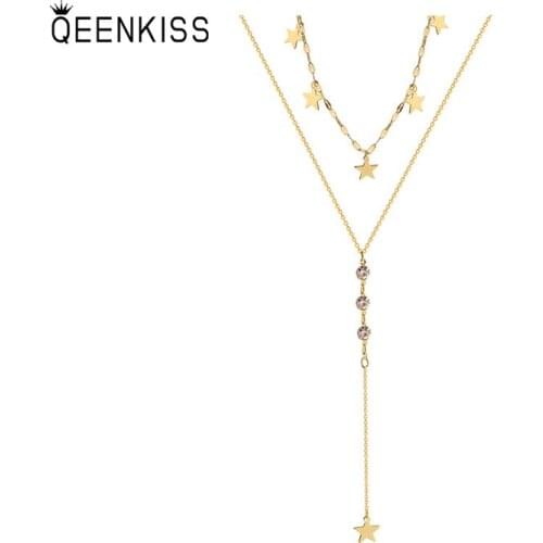 QEENKISS NC7148 Fine Jewelry Wholesale Fashion Woman Birthday Wedding Gift Double-layer Star Zircon 18KT Gold Pendant Necklace