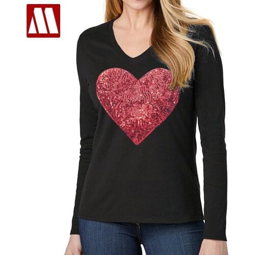 Harajuku Style Lady Heart Embroidery Sequins T Shirt Women Tops Heart-shaped Sequin Tshirt Women Cotton Tee Shirts Femme Clothes