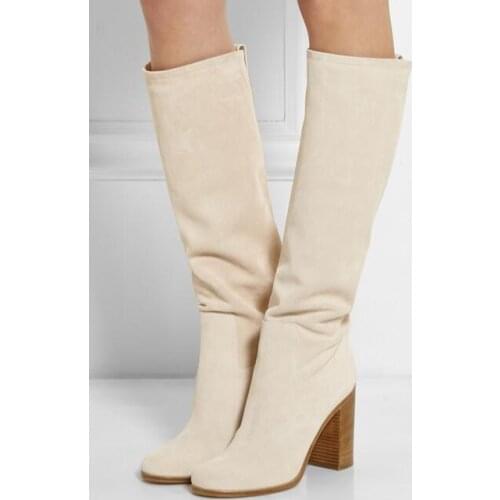 Beige color thick high heels slip-on knee high boots for woman fall winter suede motorcycle boots round toe long boots