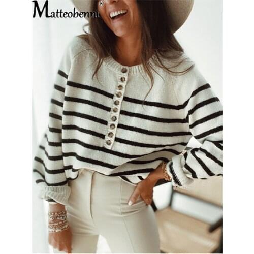 2021 Spring Autumn Women Sweater Buttons Knitted Pullovers Striped Casual Fashion Wild Vintage Ladies Long Sleeve Knitwear Tops