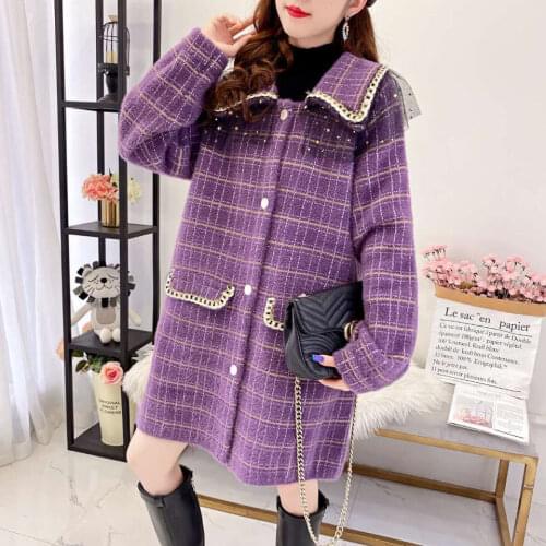Women 2021 New Autumn Winter Loose Imitation Mink Velvet Coats Female Lapel Neck Knit Jackets Ladies Long Plaid Cardigans R516