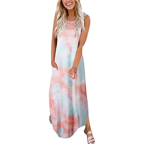 Rainbow Tie-dye Summer Dress Women Vintage Printing Long Maxi Dress Sleeveless Casual Beach Sundress Vestidos Mujer Verano 2021