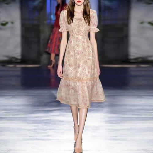 2021 Summer Dress Women Fashion Design Runway New Beading Lace Flowers Printed Elegant Ladies Dresses