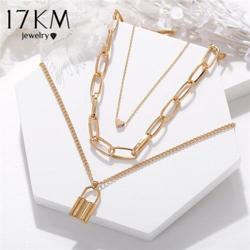 17KM Vintage Multi Layer Lock Necklaces Chain For Women NEW 2020 Gold Heart Key Pendants Necklace Fashion Party Jewelry Gift