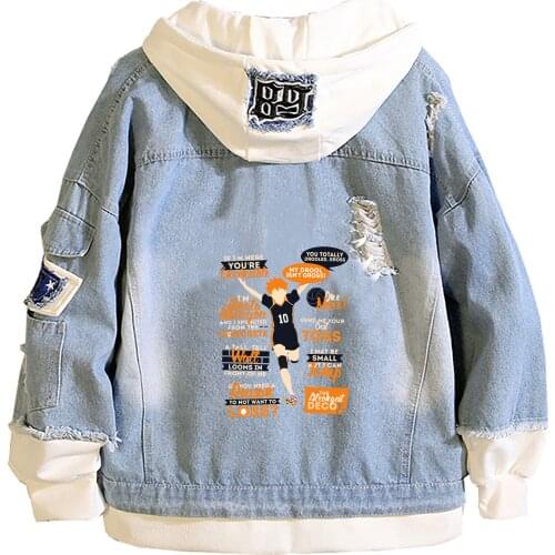 Haikyuu!! Shoyo Hinata Design Women Denim Jacket Anime Jeans Couple Hoodies Harajuku Streetwear Plus Size Hooded Sweatshirt