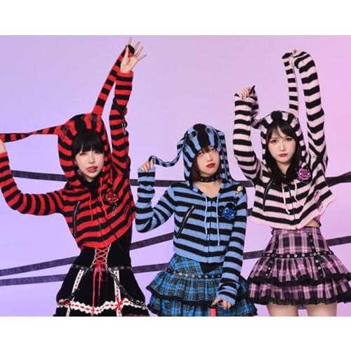 Saint Rabbit Halloween Striped Hooded Cardigans Rose embroidery pin Holes Punk Sweet Girls Rabbit Ear Hat Sweater Open Stitch