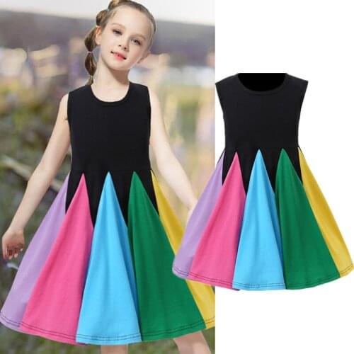Girls Summer Sleeveless Dresses Rainbow Colorful Block Princess Dress For Little Kids Children Beach Holiday Party Costume