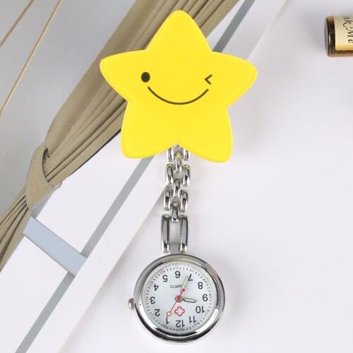 Medical Equipment Nurse Watch Lovely Yellow Five-Pointed Star Pattern Mini Stars Pocket Watch Classic Dial Stainless Steel Clip