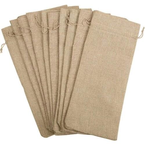 10pcs Jute Wine Bags, 14 x 6 1/4 inches Hessian Wine Bottle Gift Bags with Drawstring