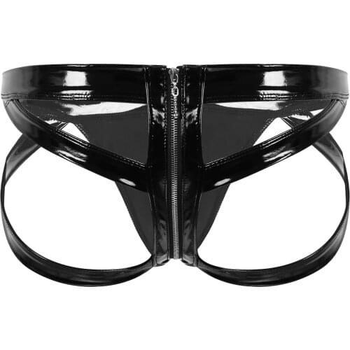 Open Butt Panties Men Underwear Gay Wet Look Patent Leather Briefs Hollow Out Jockstrap Double-ended Zipper Bondage Lingerie