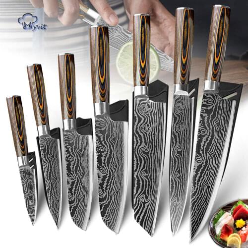 Kitchen Knives Set Imitation Damascus Steel 7CR17 440C Kitchen Knife Set Sharp Cleaver Santoku Slicing Knife High Quality