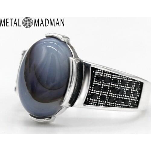 Real 925 Sterling Silver Oval Natural Agate Men Ring with Black CZ Rings Exquisite Life for Male Women Turkish Lucky Jewelry