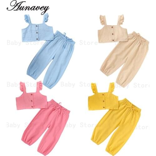 NEW 2020 Toddler Baby Girl Clothes Sets Solid Ruffle Sleeveless Top T-shirt Long Pants Outfit 2pcs Set 4 Colors