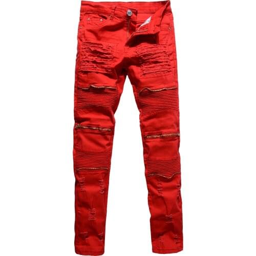 New Skinny jeans men White Ripped Knee zipper Fashion Casual Slim fit Biker jeans Hip hop destroy Stretch Denim pants Motorcycle