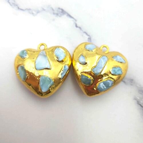 Romantic Pretty Heart Shape Blue Larimar Insert Pendant Gold Plated High Quality For Making DIY Wonmen Girl Jewelry Neck Charms