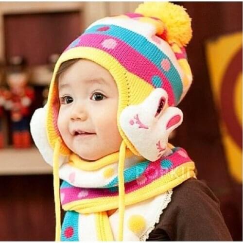 Rabbit Baby Girls Crochet Hat Infant Scarf Set Kids Cap Beanie Beret Children Winter Ear Bucket Hats Caps photography props