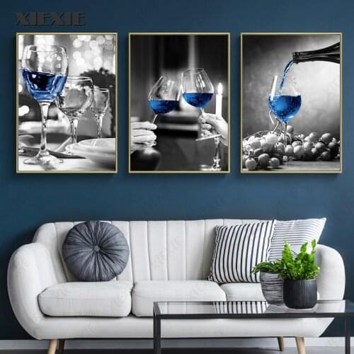 Blue Wine Glass Canvas Printing Wall Art Posters and Prints Bar Restaurant Kitchen Wall Decoration Dinning Living Room Decor
