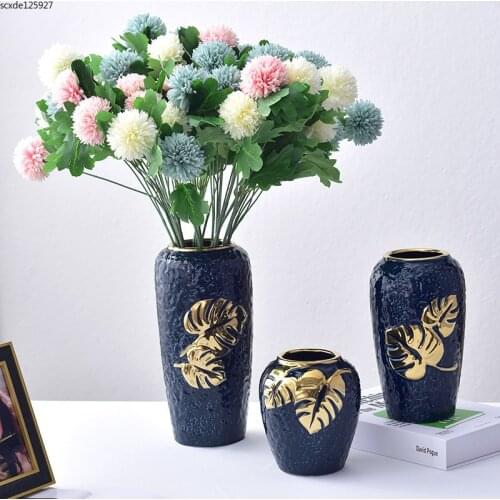 Modern Blue Embossed Leaf Vase Flower Arrangement Living Room Decoration Luxury Gold-plated Hydroponic Vase Flowerpot Home Decor