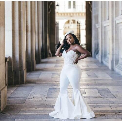 Plus Size African Wedding Jumpsuit 2021 Vestidos De Novia Lace Stain Sweetheart Lace-up Corset Top Garden Beach Bride Pant suit