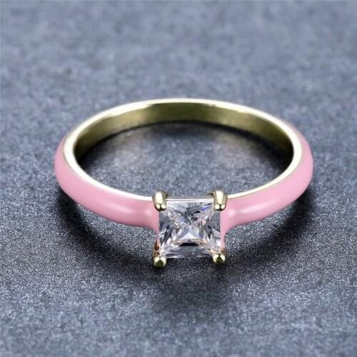 Fashion Glue Pink Blue Green Thin Ring Princess Cut White Zircon Square Ring Vintage Gold Color Rings For Women Wedding Jewelry