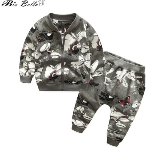 Spring Autumn Kids Boys Warm Camouflage Clothing Sets Coat + Pants Children Boy Floral Printing Uniform Suits Babies Outfits