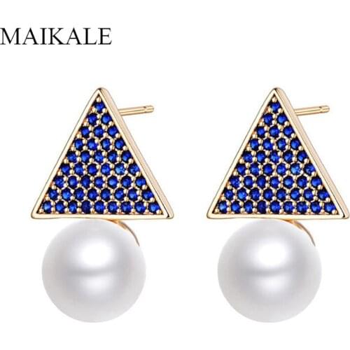 MAIKALE Luxury Blue/Purple Zirconia Triangle Stud Earrings with Pearls Hypoallergenic Earrings for Women Exquisite Jewelry Gifts