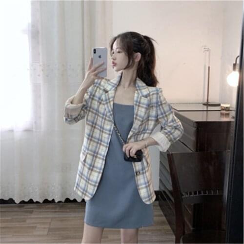 Spring Summer Blazer Jackets 2020 new retro Plaid long-sleeved Suit Jacket + Sling Sleeveless Dress Womens 2-piece Sets M257