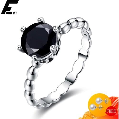 Retro Ring 925 Silver Jewelry Round Shape Obsidian Gemstone Finger Rings for Women Men Wedding Engagement Party Accessories