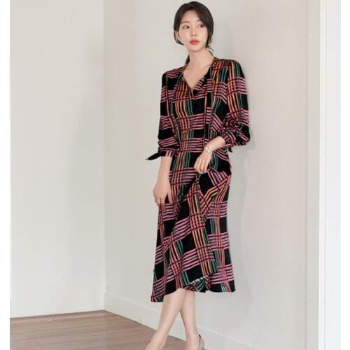 Spring Korean Style Office Lady Dress Female Vintage Grid Print Elegant OL Work Wear Bowknot Collar Long Sleeve Femal Midi Dress