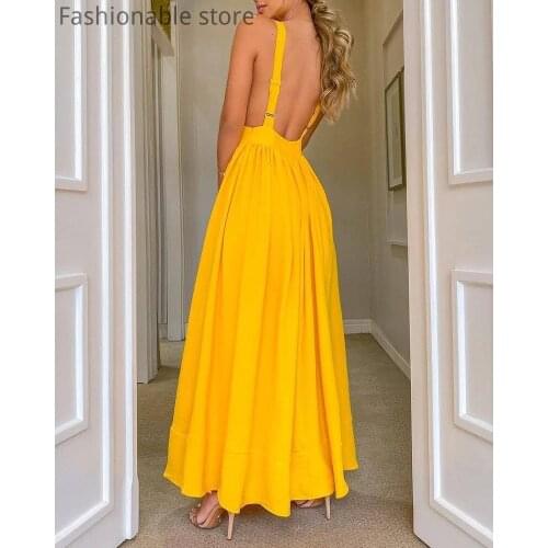 Women Sexy Spaghetti Strap Deep V Neck Open Back Maxi Dress