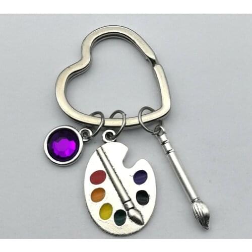 1pcs Painters Tools-Palette & Brush Keychain Christmas stone Jewelry Pendant Key Chain Ring Heart shaped keychain Painters gift