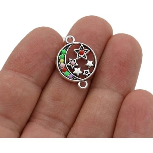 10PCS Silver Plated Crystal Moon Star Charm Connector for Jewelry Making Bracelet Accessories DIY Craft 16x22mm
