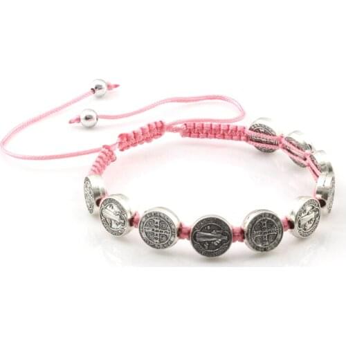 5 Pcs Zinc Alloy Saint St Benedict Medal on Adjustable Pink Cord Bracelets 7 Inch B-43