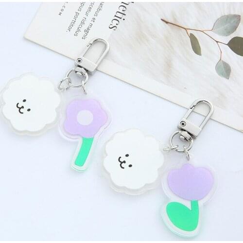 Creativity Acrylic Keychain Cute Fresh Purple Flower Little Sheep Keychain Women Bag Pendant Charm Airpods Keyfob Jewelry Gift