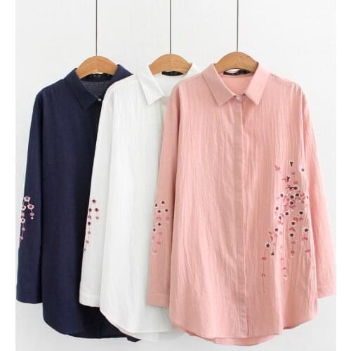 Plus size Cotton plum flower Embroidery covered button loose women shirts 2019 spring casual oversized ladies soft blouse female