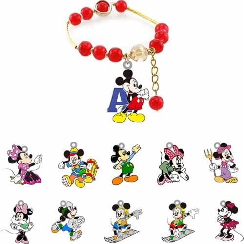 Disney Classic Fun Mickey Playing Piano Skating Shaped Hand Rope Epoxy Acrylic Bracelet Red Beaded Bracelet Couple Jewelry