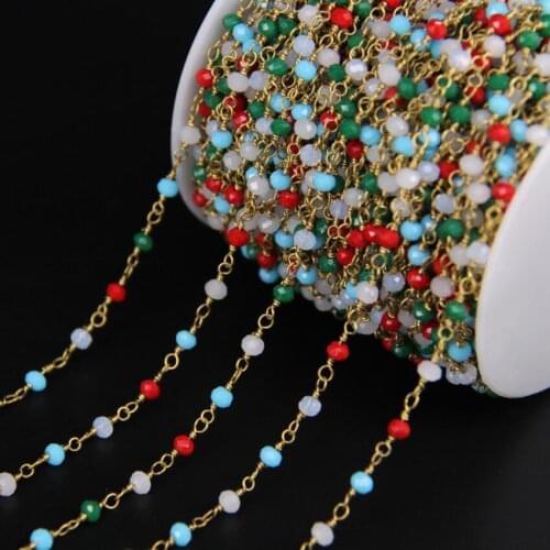 5Meters Multicolor Glass Opal Faceted Rondelle Beads Chain,3x4mm Mixed glass crystal with Brass Wire Wrapped Rosary Chains
