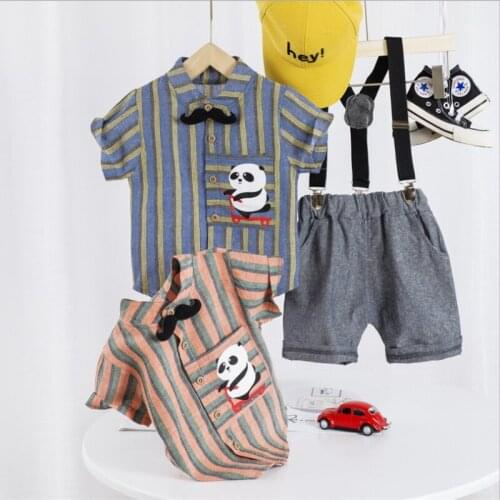 2021 Summer Childrens Clothing Baby Boys Shirt With Short Sleeves + Suspender Shorts 2Pcs Kids Formal Dress Shirt Panda
