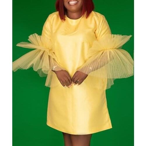 Women O Neck Dress Patchwork Mesh Sleeves Tulle Plus Size Ladies Female Elegant African Female Fashion XXL Classy Fashion Robes