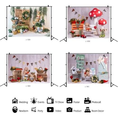 Spring Easter Bunny and Carrots Backdrop Photography Props Colorful Eggs Grassland Flowers Kids Photoshoot Background
