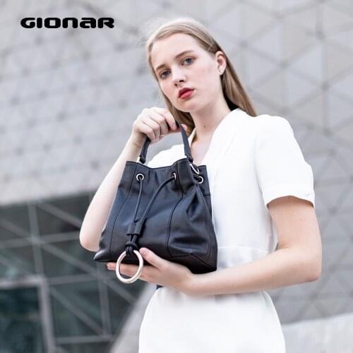 GIONAR Genuine Cow Leather High Quality Classic Balck Bucket Bag Luxury Handbags Women Bags Designer Famous Brand 2020